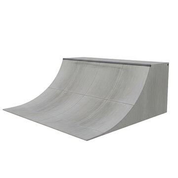 Skateboard quarter pipe ramp on white background, concrete skatepark obstacle for extreme sports, grey cement half pipe structure