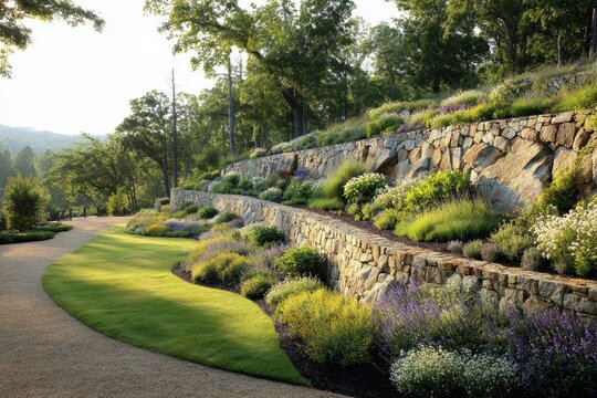 Terraced landscape with rustic stone wall and lush planting beds