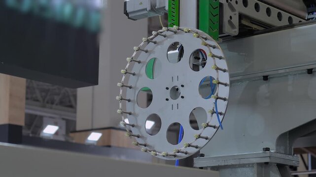 Automatic round pick and place robotic arm manipulator with suction cups moves disposable polypropylene spoons: part of plastic injection molding machine at exhibition, factory - close up view