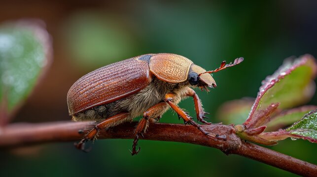 Nature macro shot of a June beetle on a stick with dew and textured shell