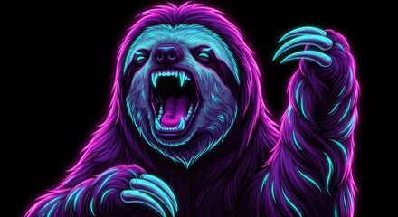 Obraz premium Aggressive purple sloth roaring in neon synthwave style.