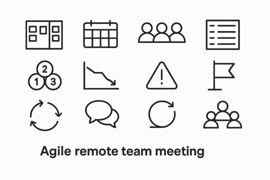 Agile Meeting Icon Set. Agile remote team meeting. Line outline icon set of agile remote team meeting: scrum