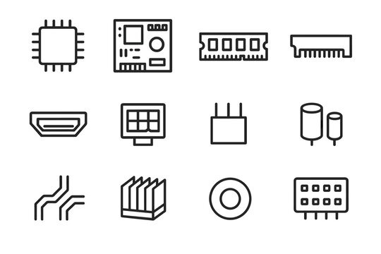 Digital Hardware Icons. Digital hardware close view. Line outline icon set of Digital hardware close view: