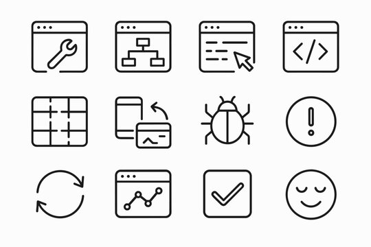 Frontend Debugging Icons. Frontend debugging tools. Line outline icon set of Frontend debugging tools: browser