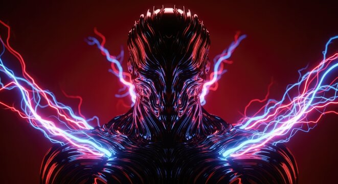 Biomechanical warrior with intense electrical discharges.