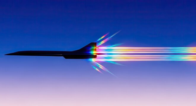 Black stealth jet with vibrant rainbow light streaks behind.