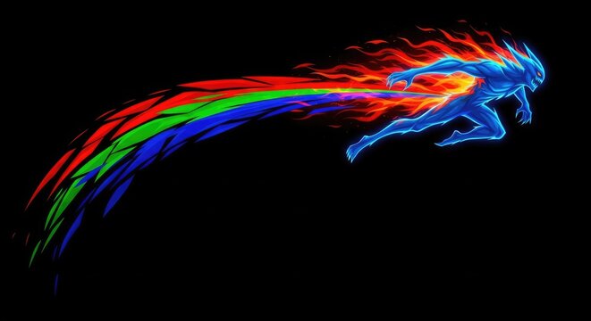 Blue fire humanoid leaping with rainbow trail.
