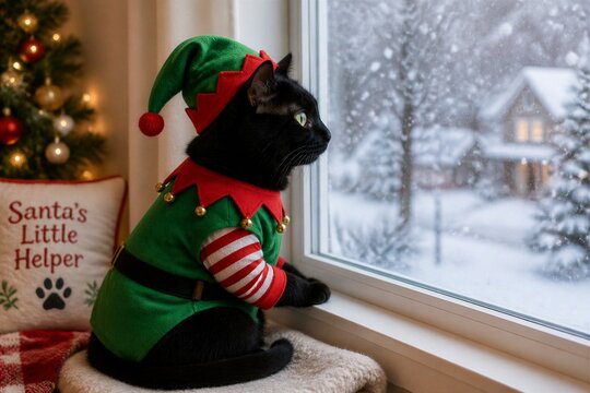 Black cat dressed as elf gazing out snowy window by christmas tree
