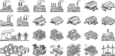 Obraz premium Industrial Buildings And Power Plants Black Line Vector Illustration
