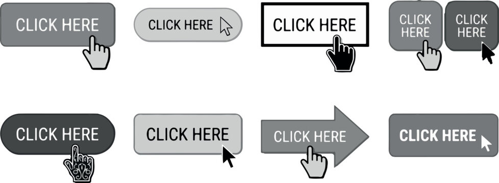 Click here button icons with hand cursors flat vector illustration