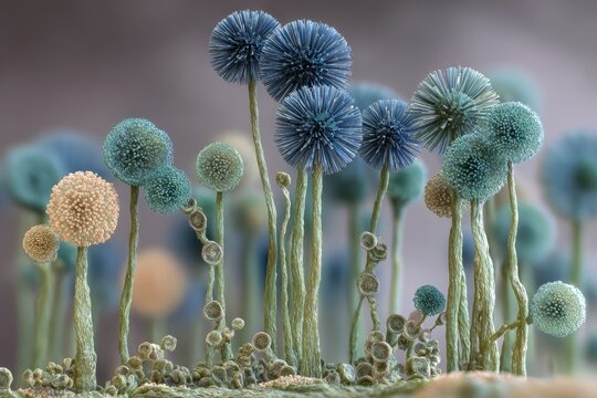 Close-up digital render of Penicillium spores and brushlike conidiophores