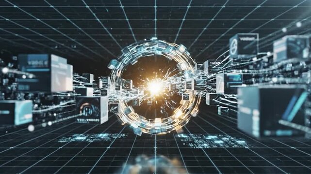 Abstract digital data portal with glowing light particles and geometric cubes in virtual space environment