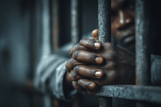 Cropped portrait: hands on cold metal bars inside a prison cell