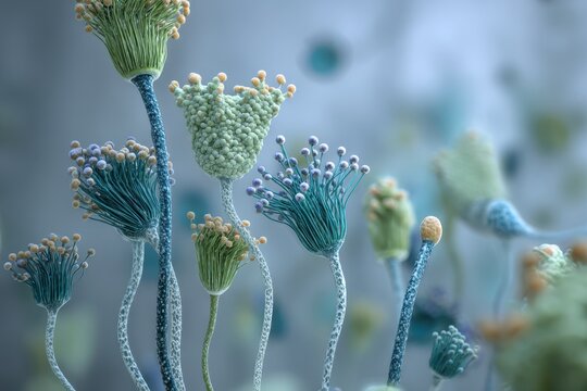 3D illustration of Penicillium fungus conidiophores and conidia in a macro close-up
