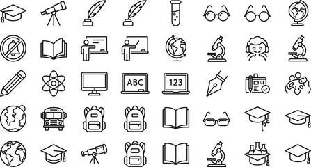 Large collection of minimalist education and school line icons for academic learning science and graduation design projects © Manik