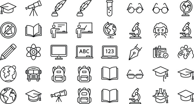 Large collection of minimalist education and school line icons for academic learning science and graduation design projects