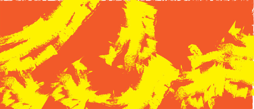 Energetic yellow abstract brush strokes on vibrant orange background.