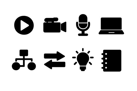 Explainer Video Icons. Explainer video production. Filled icon set of Explainer video production: play button,