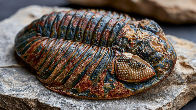 Trilobite fossil embedded in Devonian limestone slab, Phacops rana compound eye facets preserved in calcite replacement, paleontological specimen documentation, raking sidelighting .ultra photoreali