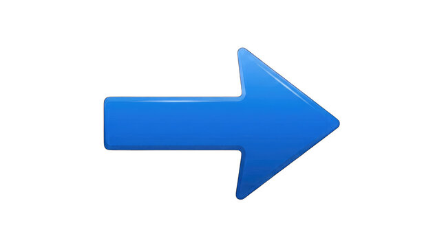 Glossy blue arrow pointing right 3d render isolated on transparent background for web design and digital marketing graphics