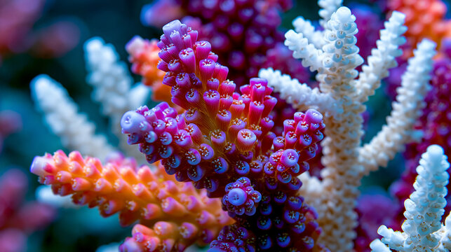 Acropora staghorn coral branch system close framing, polyp corallite cups arrayed along cylindrical branches, calcium carbonate skeletal architecture revealed under split dramatic lighting, live tis