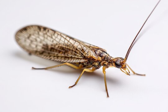 Macro closeup of a shortwing stonefly on a pristine white background