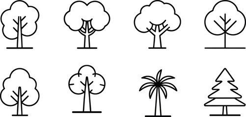 Set of eight simple line art icons representing different types of trees for nature or landscaping themes © md manik hossain
