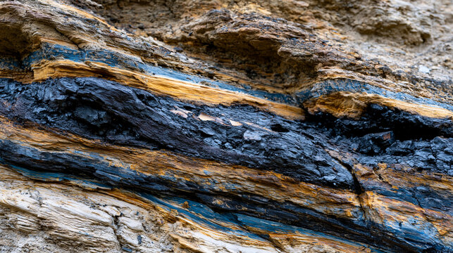 Coal seam horizontal exposure in eroded sandstone cliff face, bituminous carbon deposit stratigraphy visible between sedimentary layers, geological survey documentation, overcast natural diffuse ill