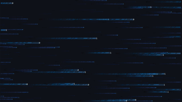 Blue binary code data stream on dark digital background