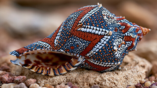 Cone snail Conus textile shell surface pattern, tent-mark algebraic automata pigmentation system on periostracum, aperture and columella interior visible, venomous marine gastropod specimen, mathema