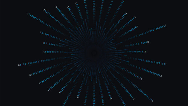 Radial binary wormhole tunnel on dark digital background