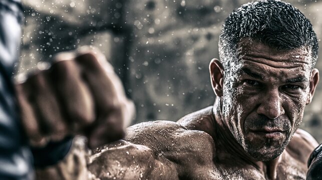 A muscular male fighter in a sweat-soaked gym throwing a sharp punch at focus mitts, concrete setting, intense determined mood, dramatic side lighting, tight dynamic composition.