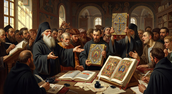 Monks and clerics, immersed in the sacred knowledge of illuminated manuscripts and holy books, collaborate diligently in their scholarly pursuits in a monastery