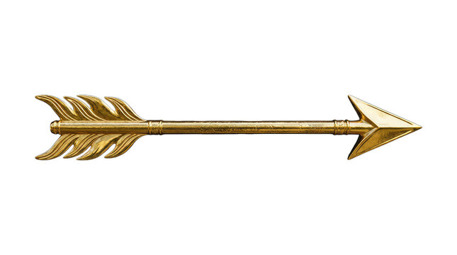 Golden arrow with feathered fletching detailed metallic texture isolated on transparent background for design projects and digital compositions