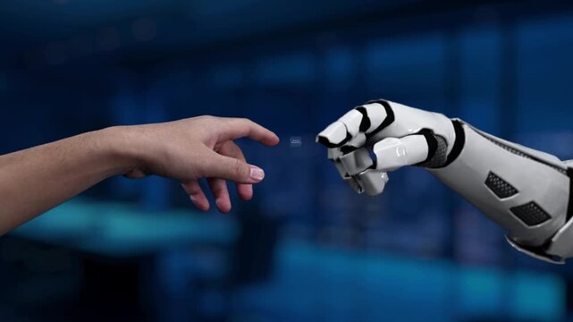 A human hand reaching out toward a robotic arm highlights the integration of technology in affiliate marketing, symbolizing innovation and digital collaboration in modern business. Synapse