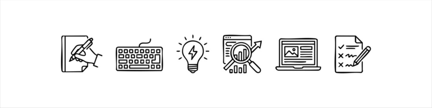 Set of hand-drawn minimalist icons for business and content creation including writing, keyboard, idea lightbulb, data analysis, laptop, and task checklist. Ideal for blogs, marketing and web design.