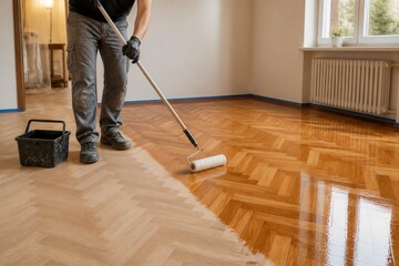 Fototapeta premium Worker applying varnish to wooden floor in empty room