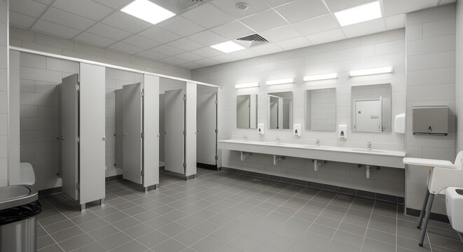 Interior of a clean modern public restroom. Row of toilet stalls and sinks with mirrors in a commercial washroom facility. Gray tiled bathroom