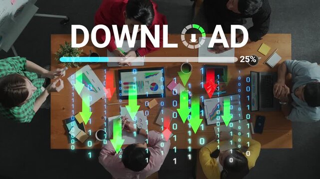 Team Collaboration in a Modern Office with Download Progress Bar and Data Visualization Elements Highlighting Digital Transformation in Business Context. Entropy.