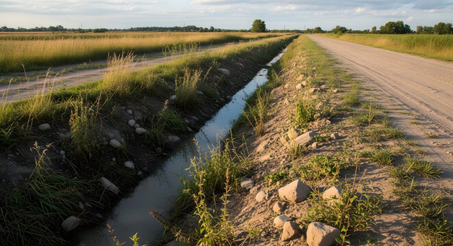 Water drainage ditch beside a dirt road in the countryside. Rural landscape with a grassy field and unpaved path under a cloudy sky
