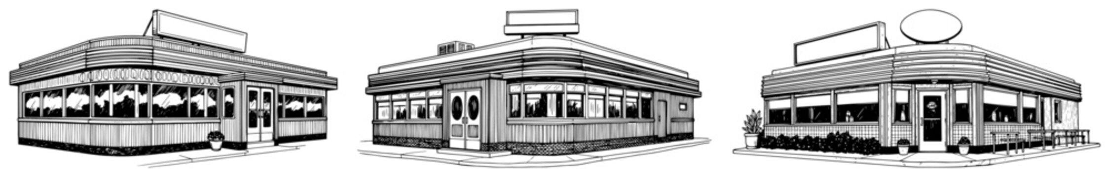 Retro American diner buildings and classic roadside restaurants in architectural sketch style