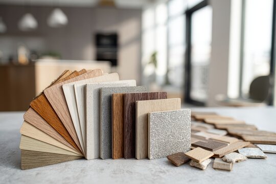 Interior design palette with wood hues, parquet, and tile samples for home decoration