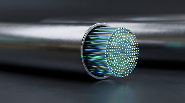 Close-up cross-section of glowing fiber optic cable with blue light data transmission.AI Generated
