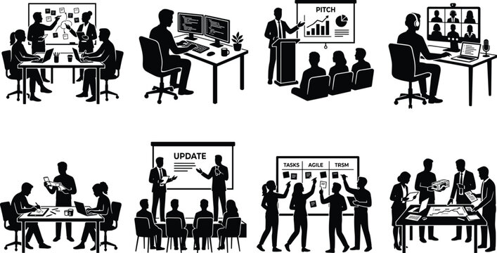 Business people work silhouettes set featuring agile planning coding pitch presentation online meeting and collaboration isolated on white background