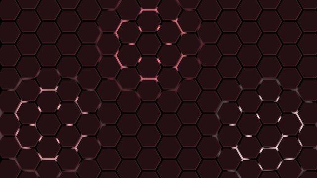 Dark hexagonal honeycomb pattern background animation, Hexagonal honeycomb pattern with three highlighted clusters and subtle glossy reflections