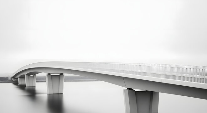 Modern minimalist white concrete bridge curving over smooth water. High key architectural landscape with long exposure effect