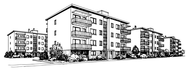 Apartment buildings in modern residential neighborhood in black and white sketch style © AnjaliDesai