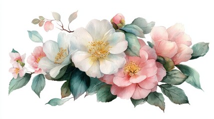 Fototapeta premium Hand-painted watercolor bouquet of camellia and peony flowers with gentle textures, isolated on white