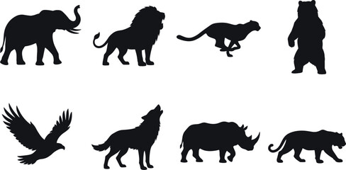 Fototapeta premium Wild animal black silhouettes set featuring elephant, lion, cheetah, bear, eagle, wolf, rhinoceros, and tiger isolated on white background