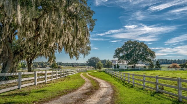 Lush Ocala Florida Horse Farm Acreage with Paddocks, White Fencing, and Grazing Horses Under a Bright Sky